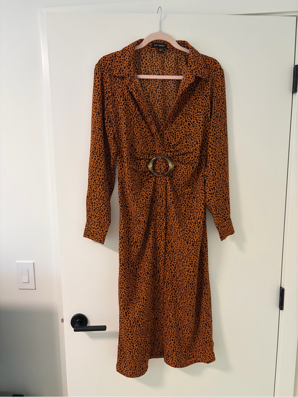 FUNKY Long Sleeve V-Neck Dress in Rust Animal Print
